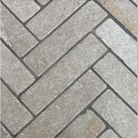 Grey Limestone Herringbone 200x50 Tumbled Cobble Setts.